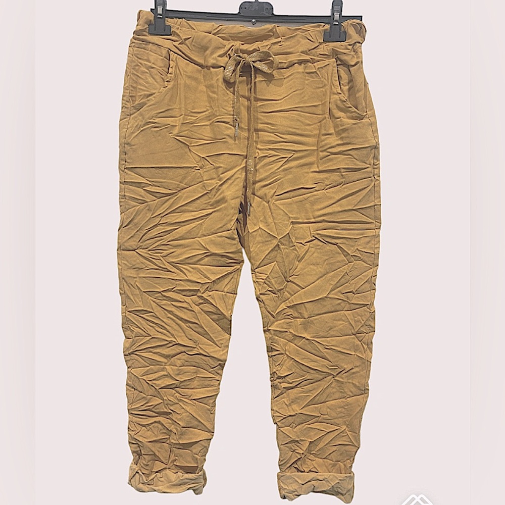Made In Italy Ribbon Jogger Pants M Camel Stretch Drawstring Pockets Casual